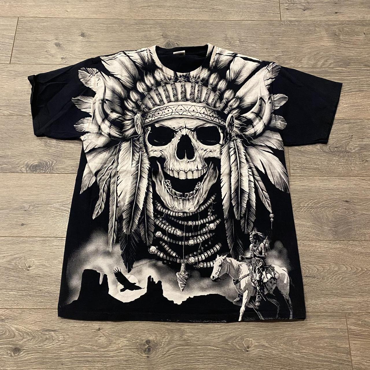 y2k Native American Skull Head Art Tee Shirt Size... - Depop
