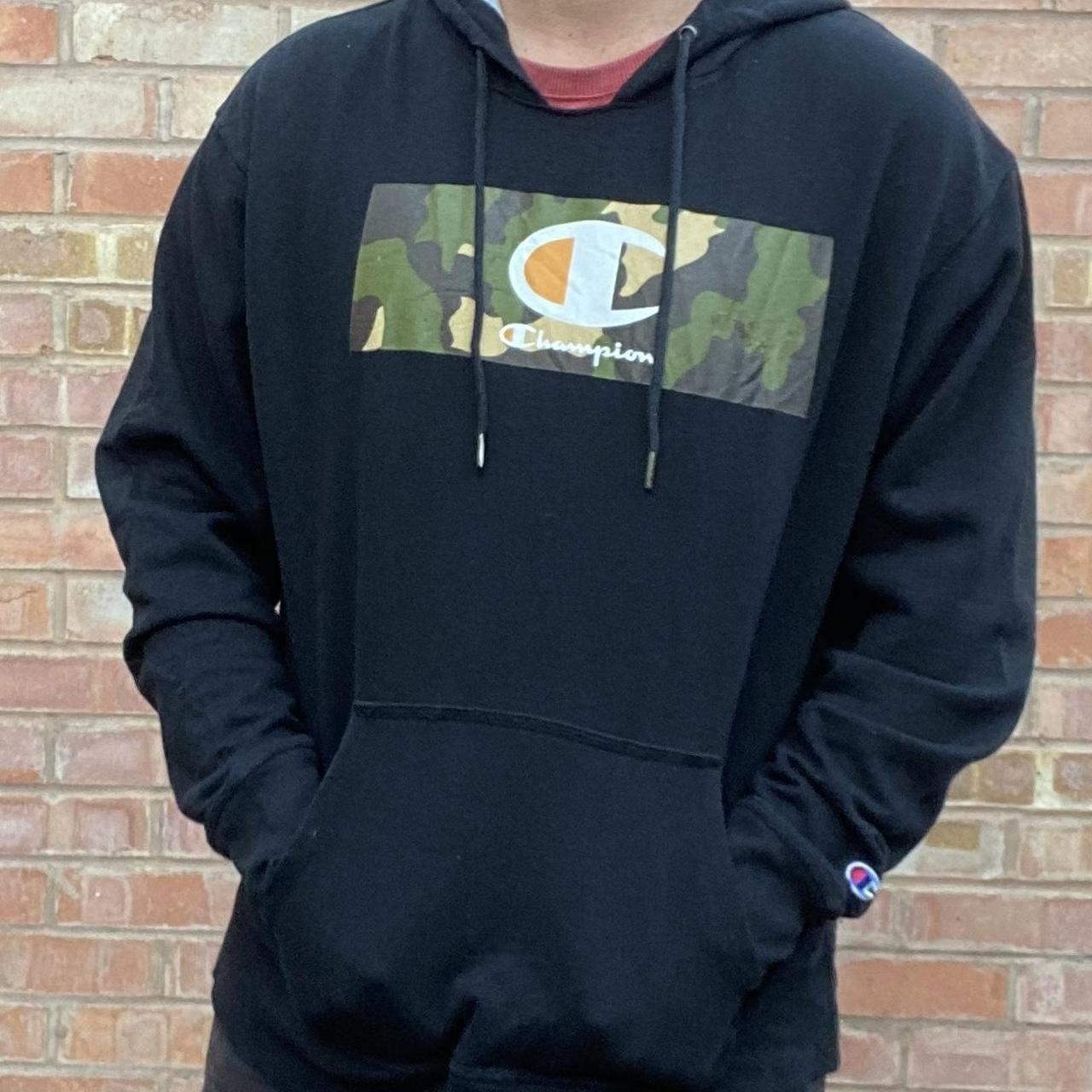 Black champion hoodie with best sale camo logo