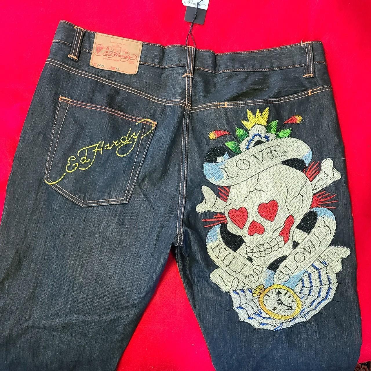 Ed hardy jeans skull embroidery with crystals see... - Depop