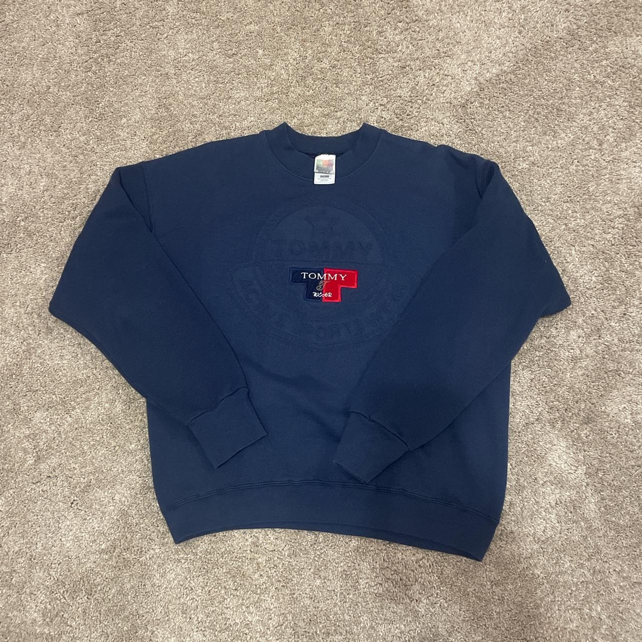 Tommy Hilfiger Men's Red and Navy Sweatshirt | Depop