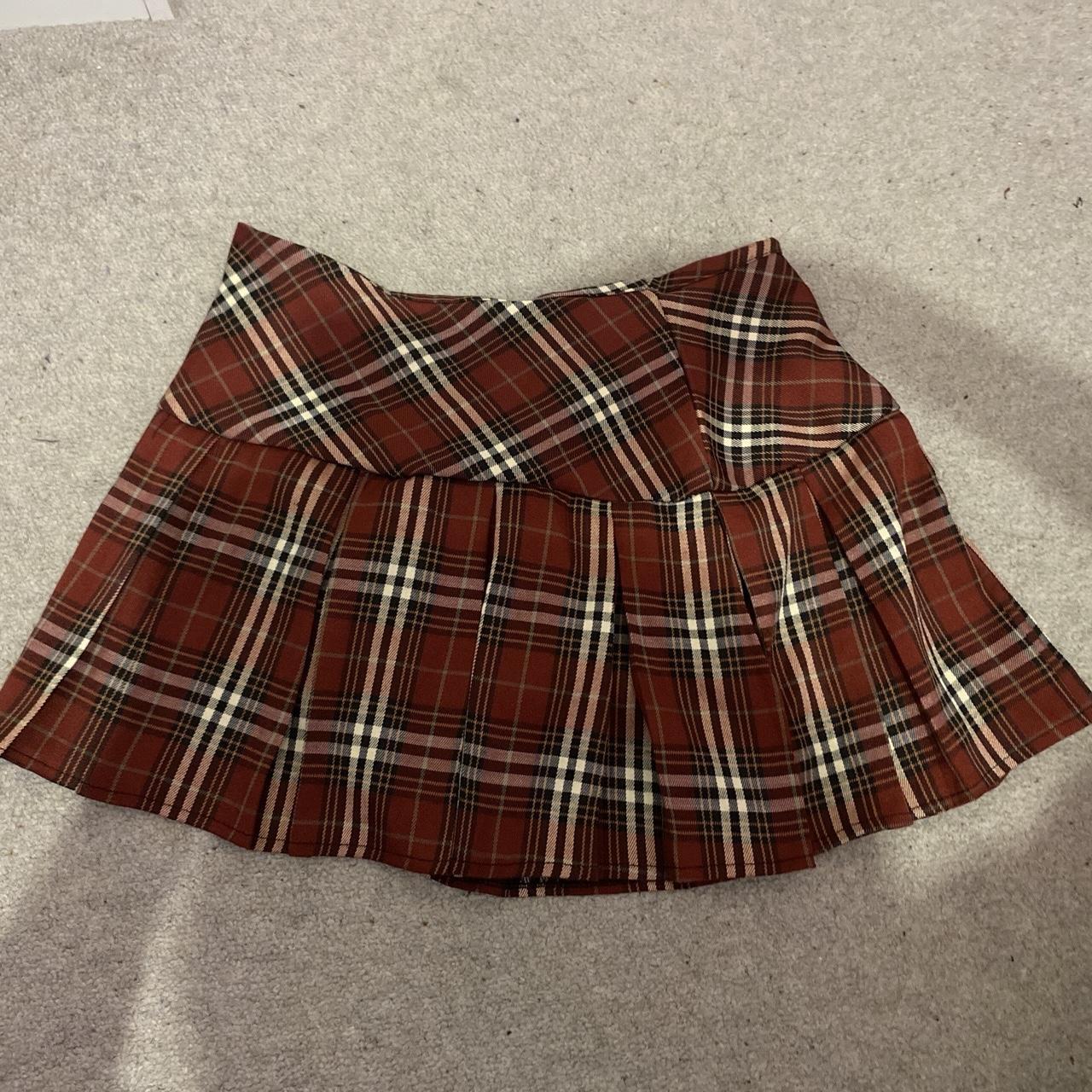 Tartan plaid red skirt, worn twice, some threads... - Depop