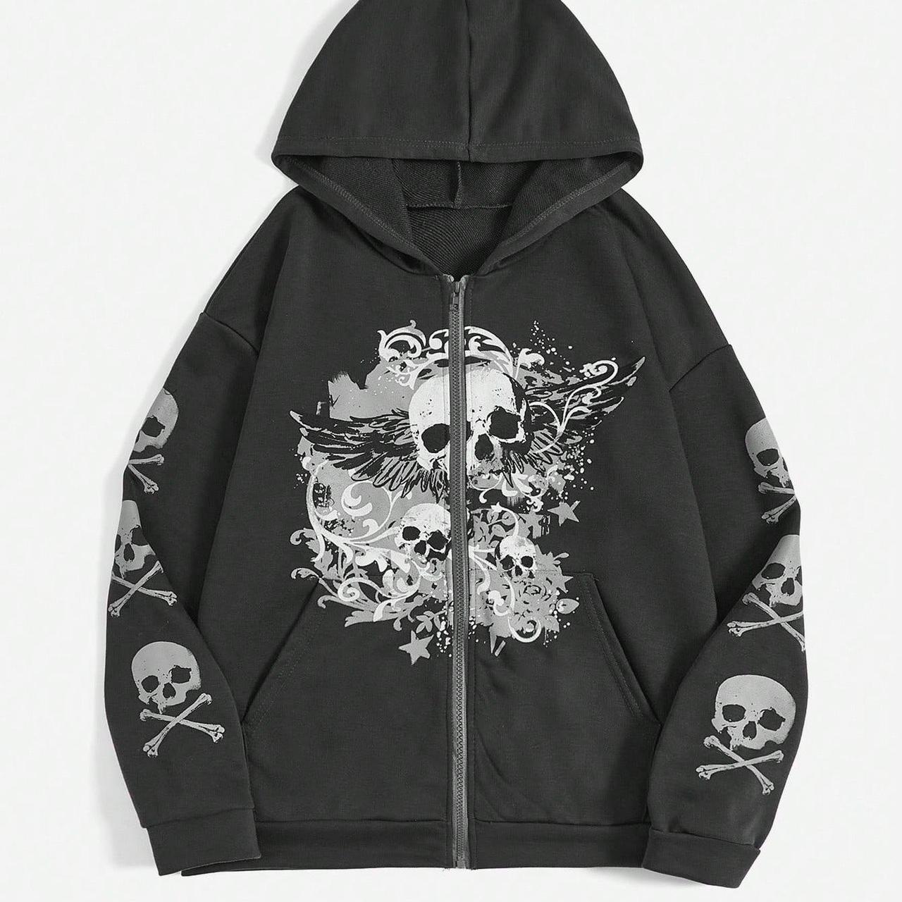 grey zip up skull emo y2k hoodie romwe punk tiktok... Depop