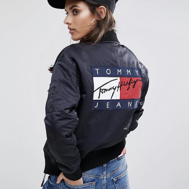 Tommy hilfiger denim jacket womens with logo on on sale the back