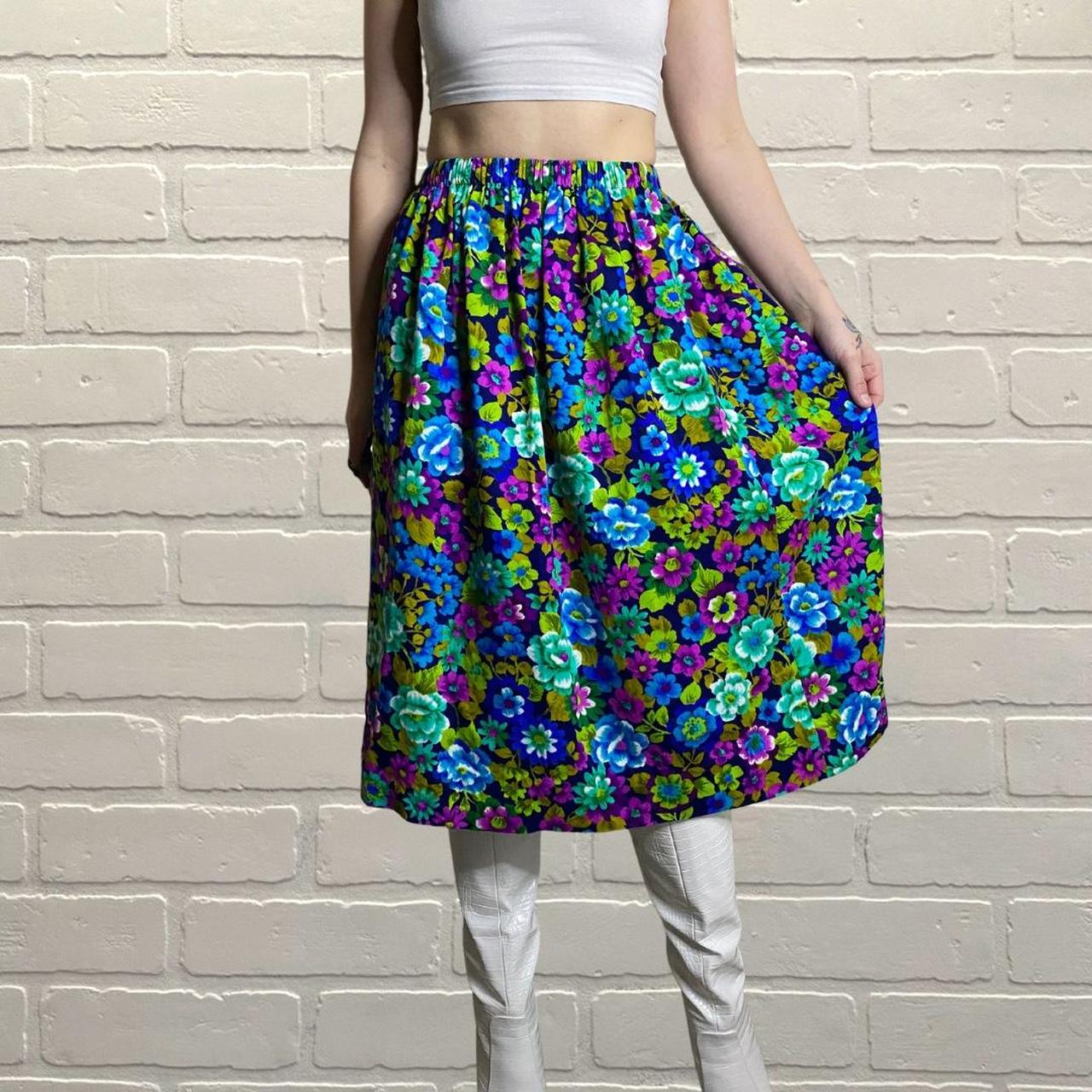 70s neon floral skirt, Fluorescent flower print on...