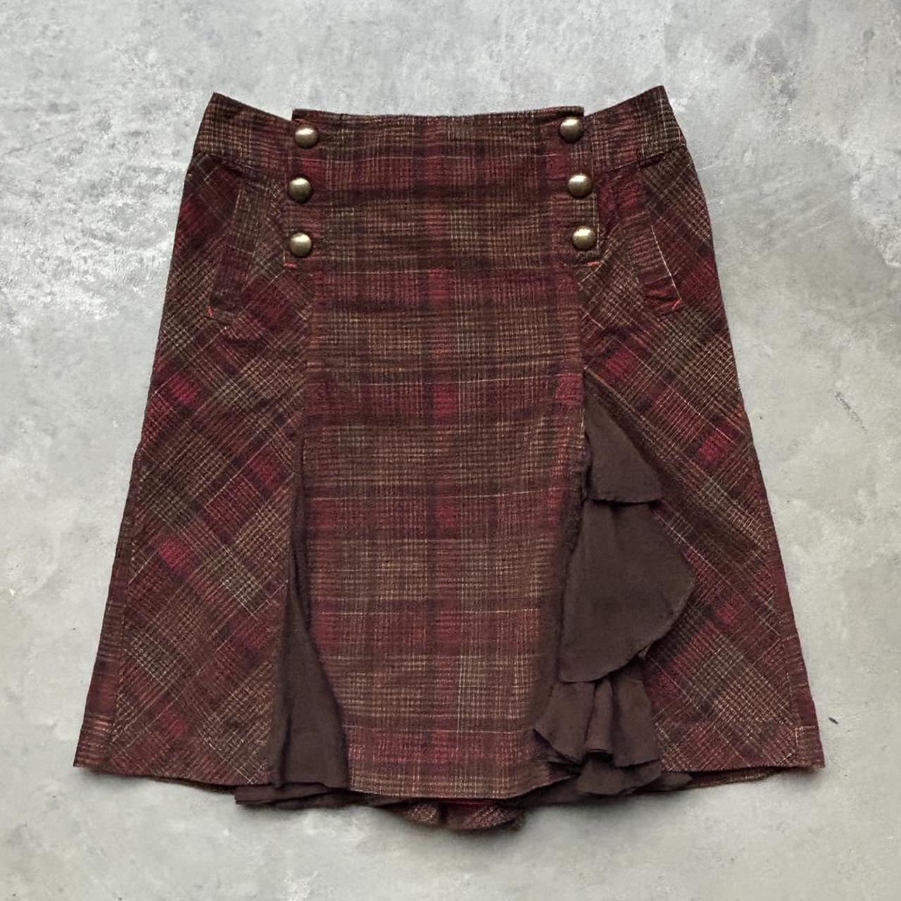 designer vintage y2k brown and red tartan skirt with... - Depop