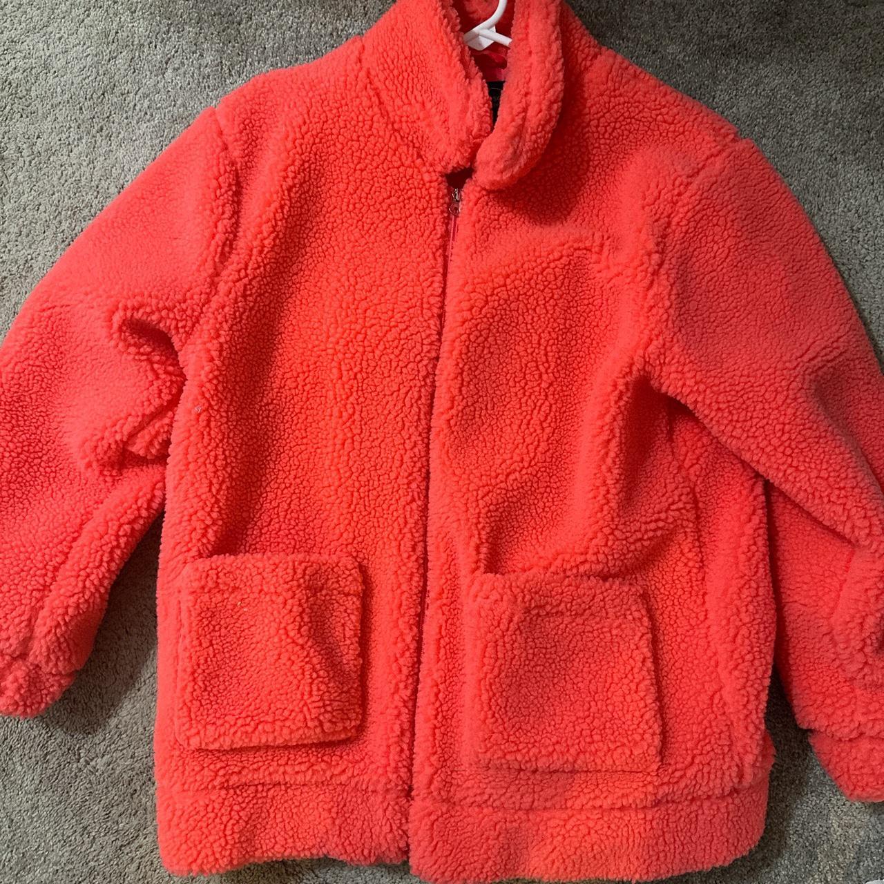 Neon orange fluffy jacket SIZE S (Size S but fits... - Depop