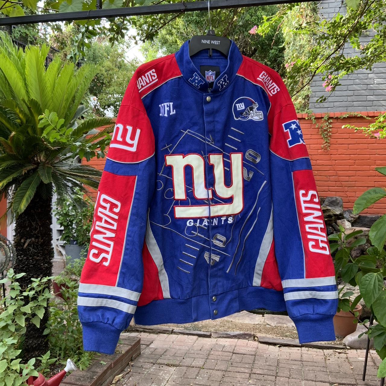 Vintage 90s Logo 7 New York Giants jacket in blue. - Depop