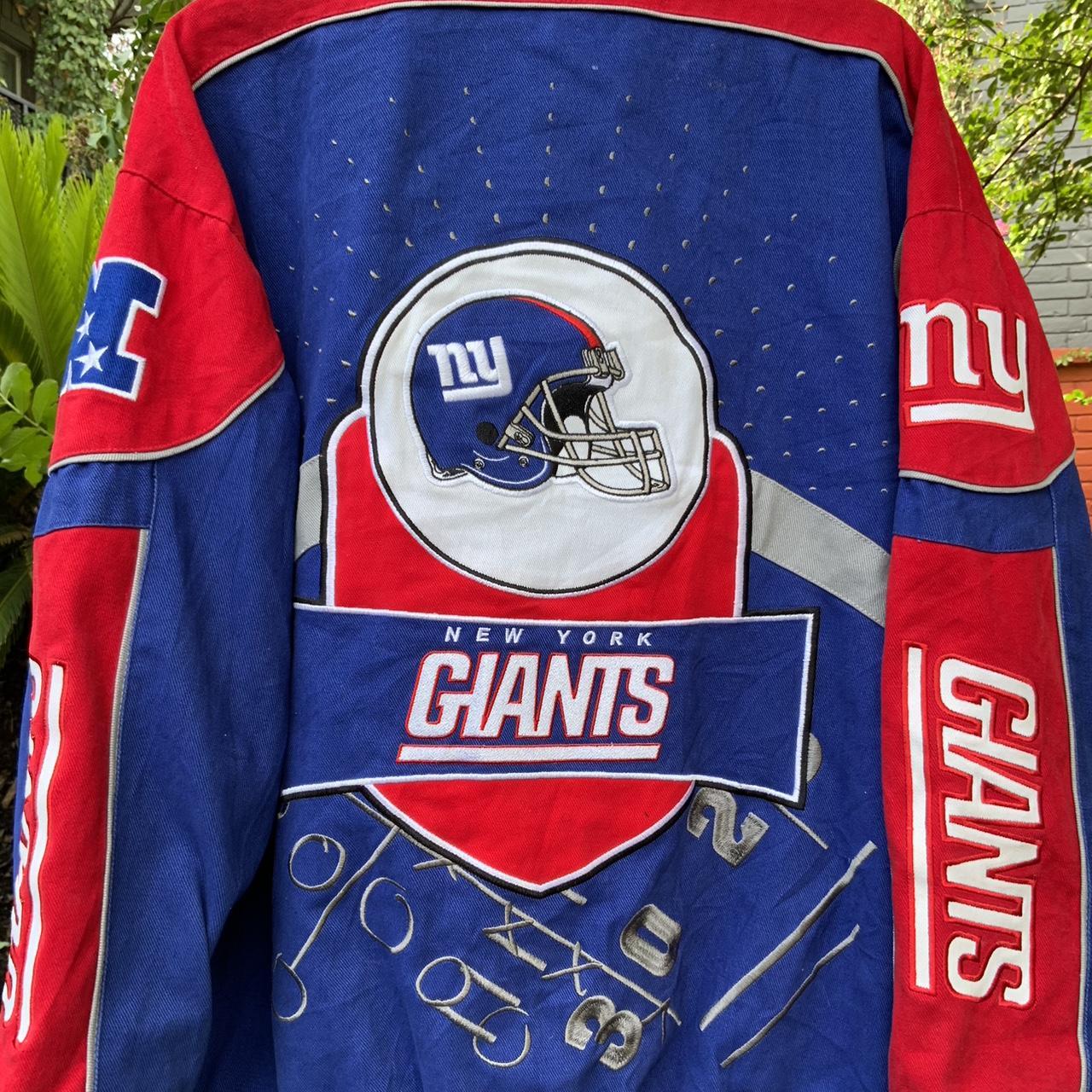 Vintage 90s Logo 7 New York Giants jacket in blue. - Depop