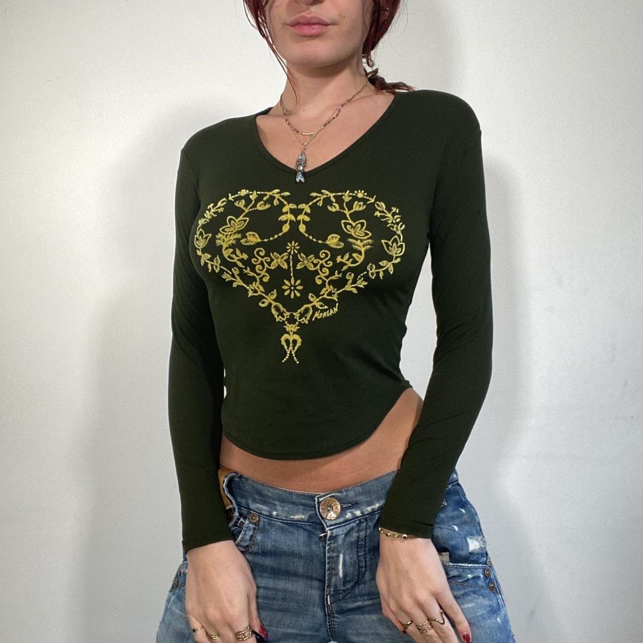 cutest dark green long sleeve top with yellow floral... - Depop