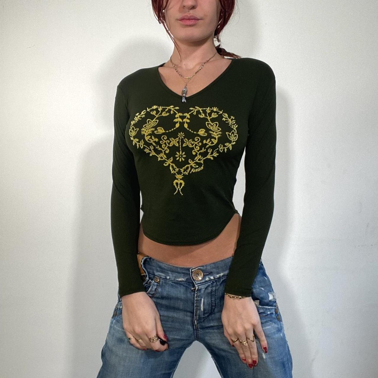 cutest dark green long sleeve top with yellow floral... - Depop