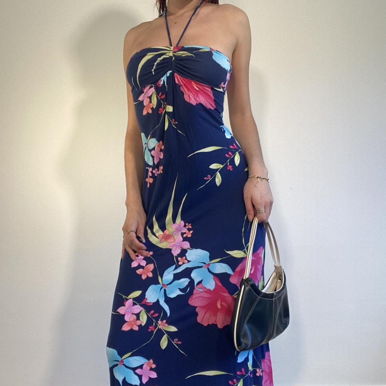Gorgeous navy halterneck maxi dress with floral... - Depop