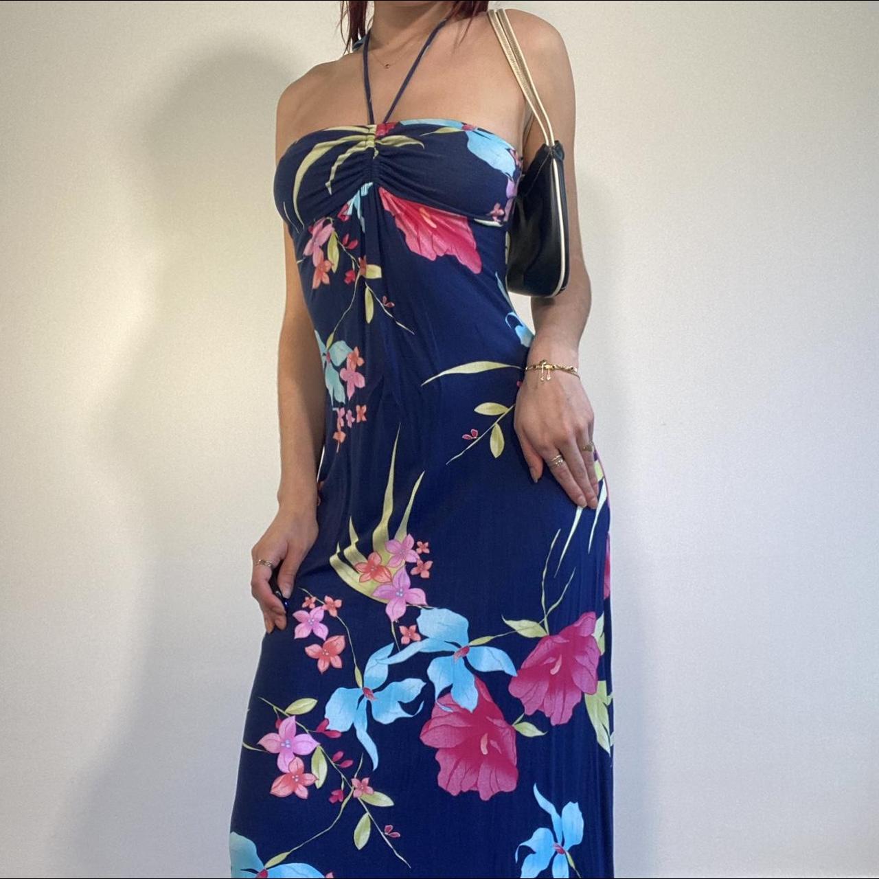 Gorgeous navy halterneck maxi dress with floral... - Depop
