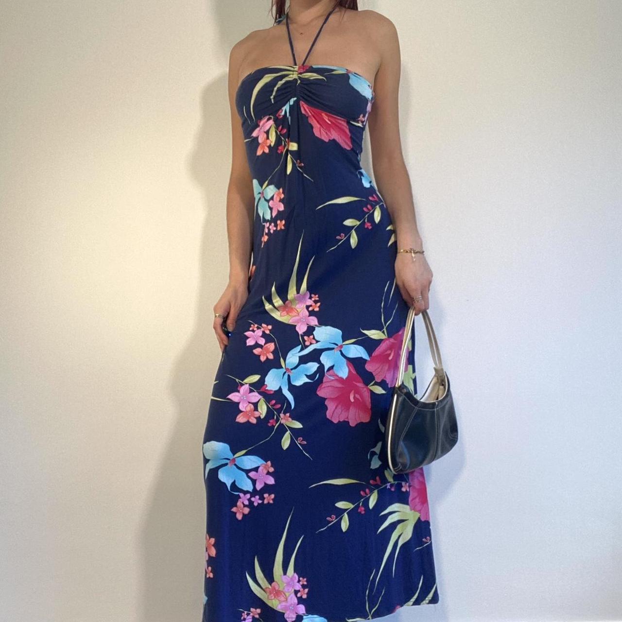 Gorgeous navy halterneck maxi dress with floral... - Depop