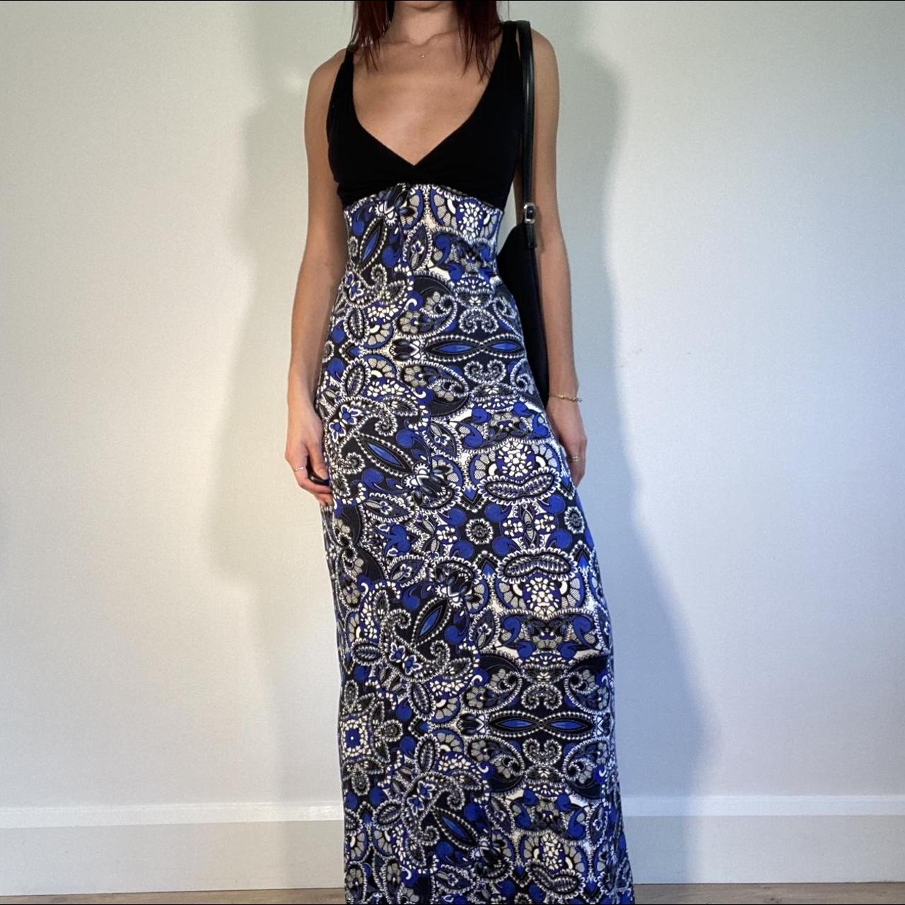 vintage maxi dress with white and blue pattered... - Depop