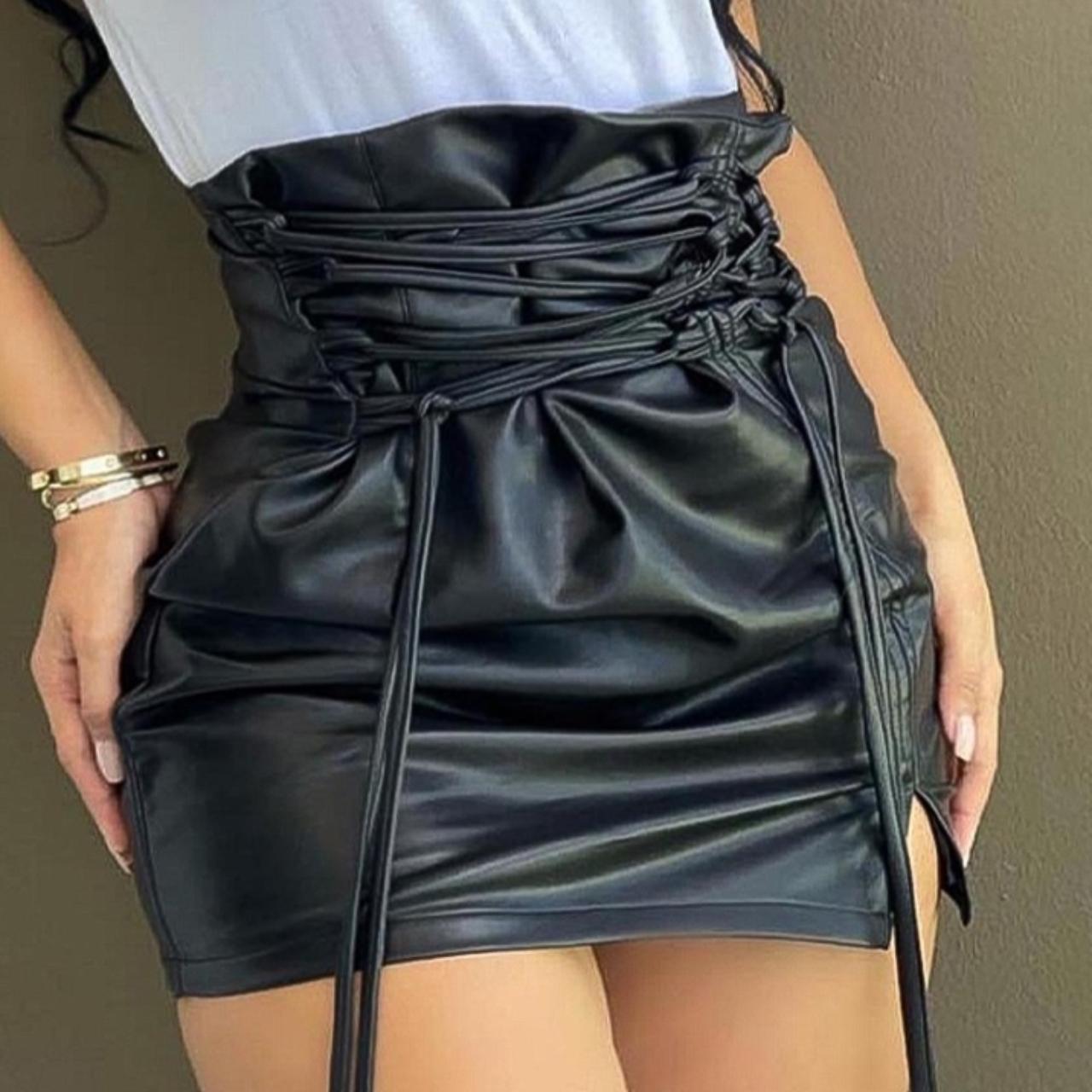 casual Lace-up High Waist PU Leather Mini Slit Skirt... - Depop
