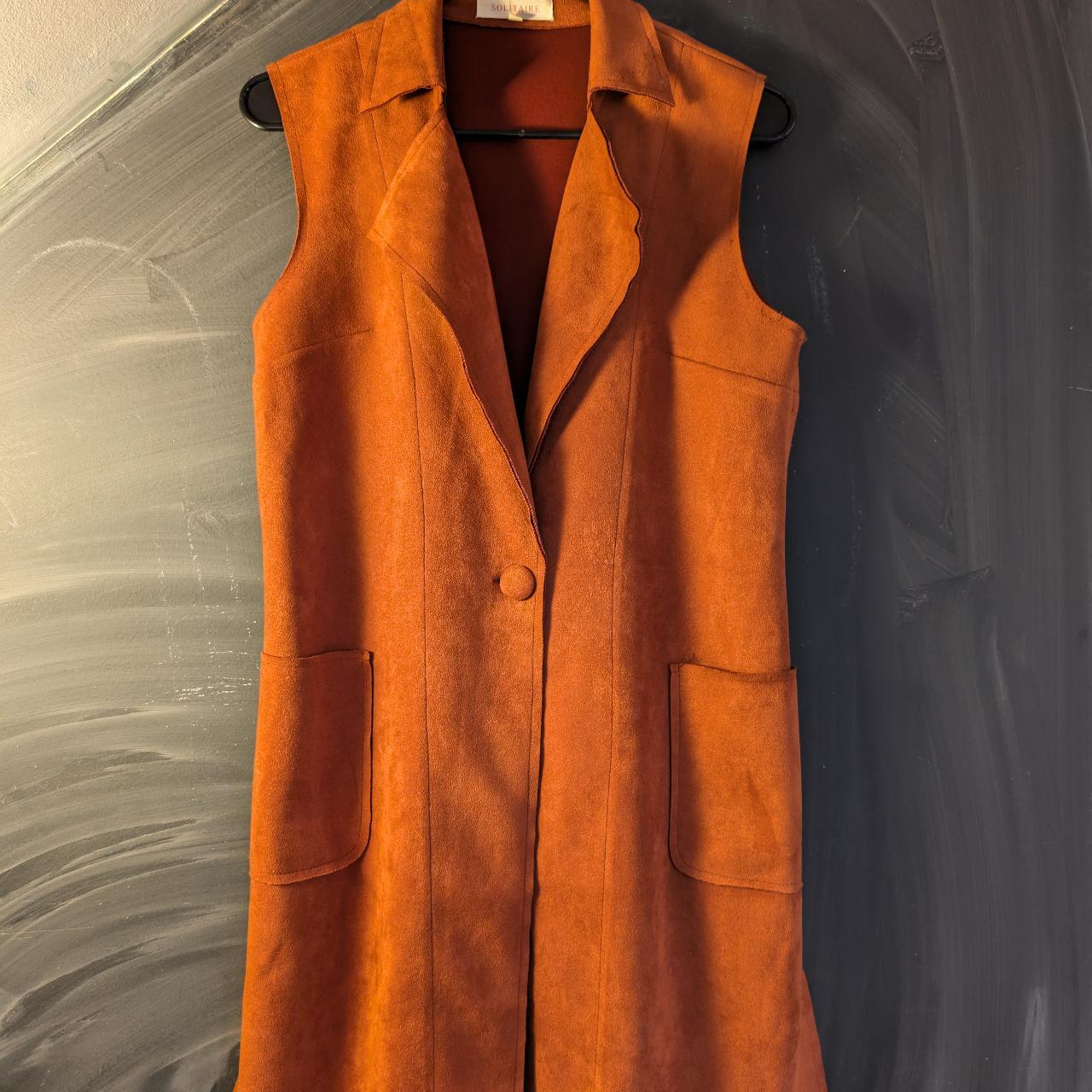 SOLITAIRE ANTHROPOLOGIE FAUX SUEDE Burnt Orange LONG VEST SIZE sale Small NEW Pockets