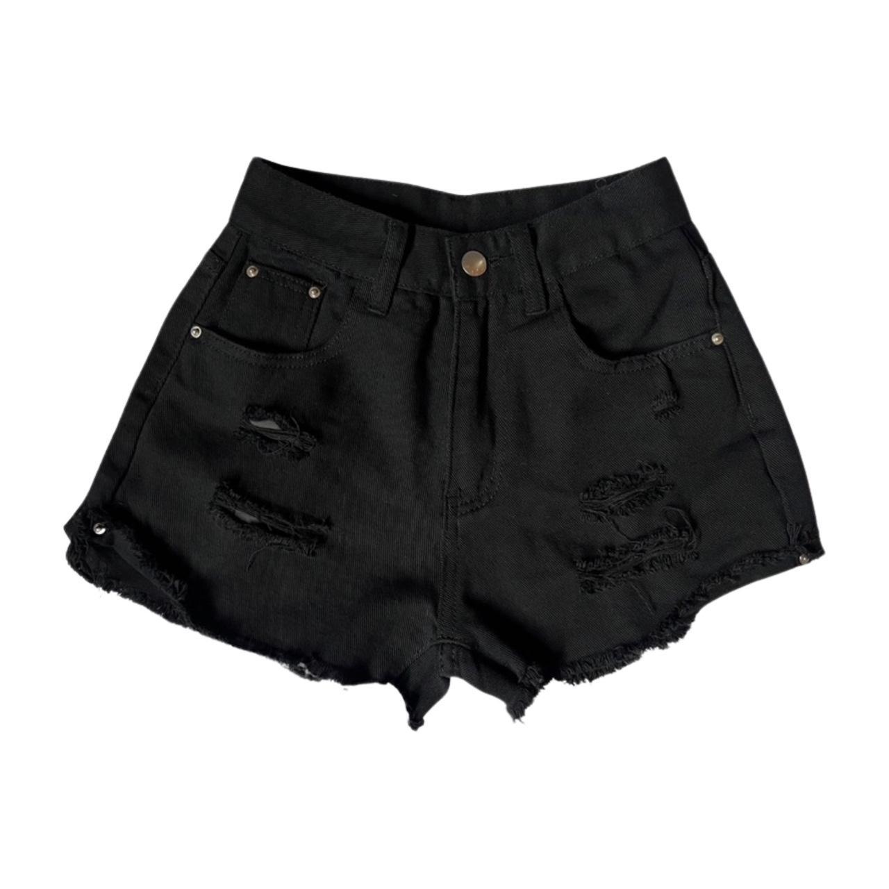 High Waisted Ripped Black Jean Shorts size xxs,... - Depop