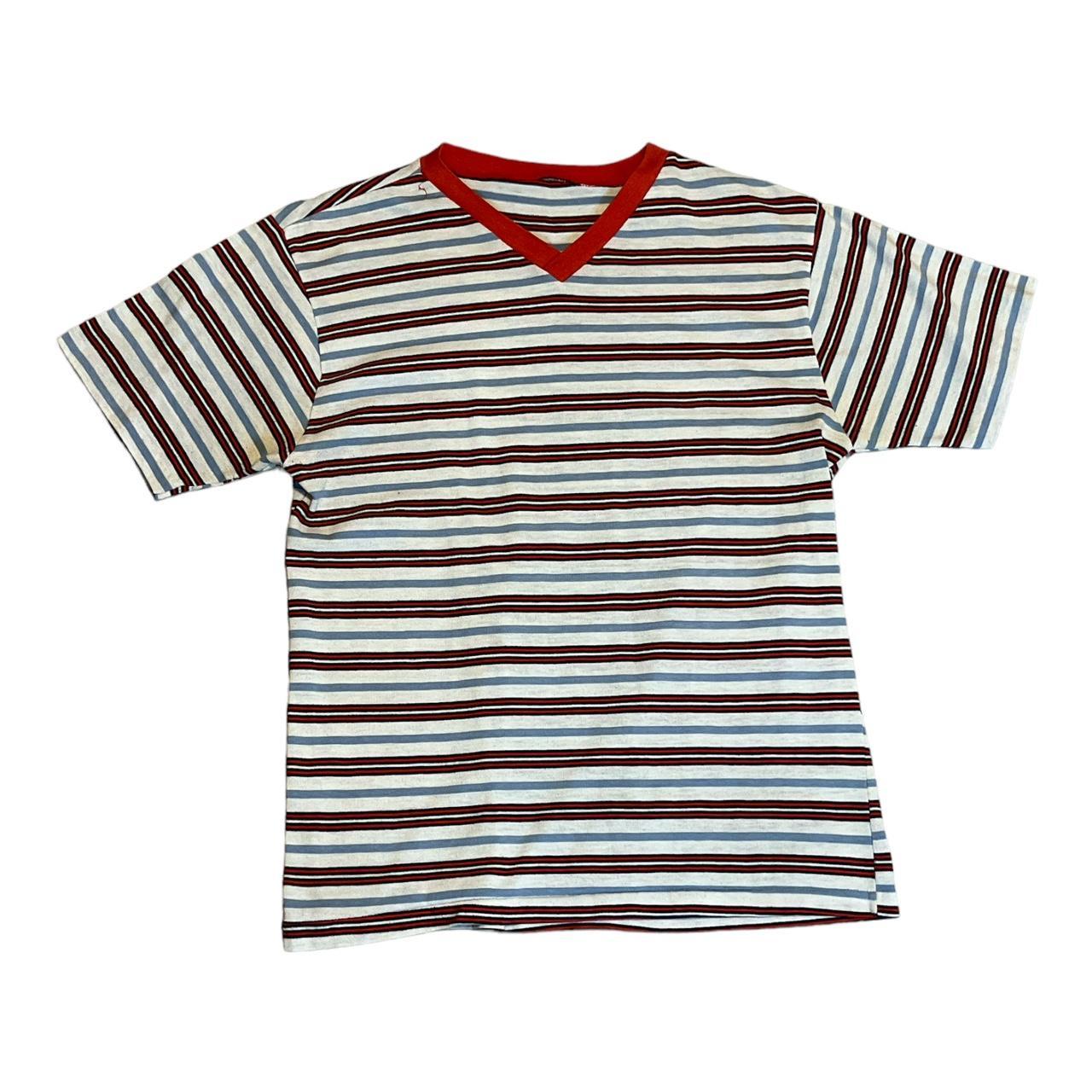 1960s Striped White V Neck T shirt Tee with red...
