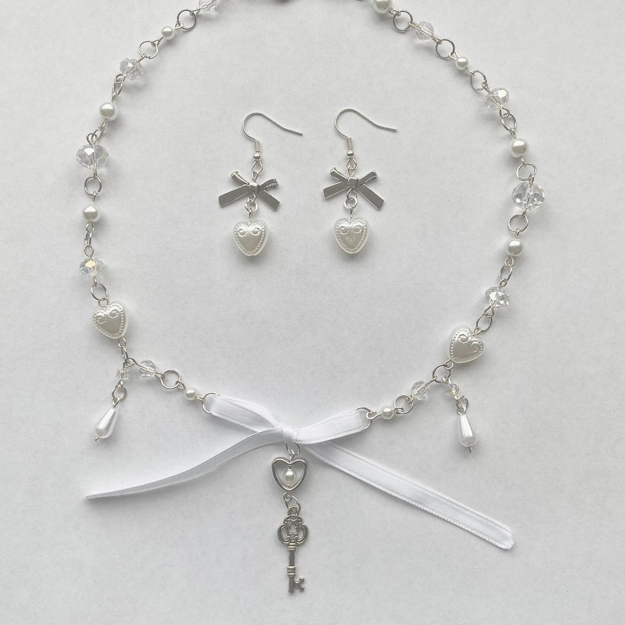 charlotte necklace 🦢🪞 coquette bow and earring set | Depop
