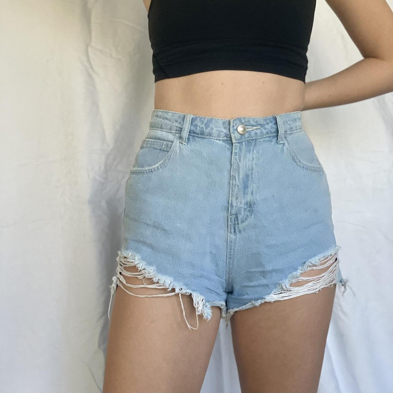 Princess Polly high rise light wash denim short,