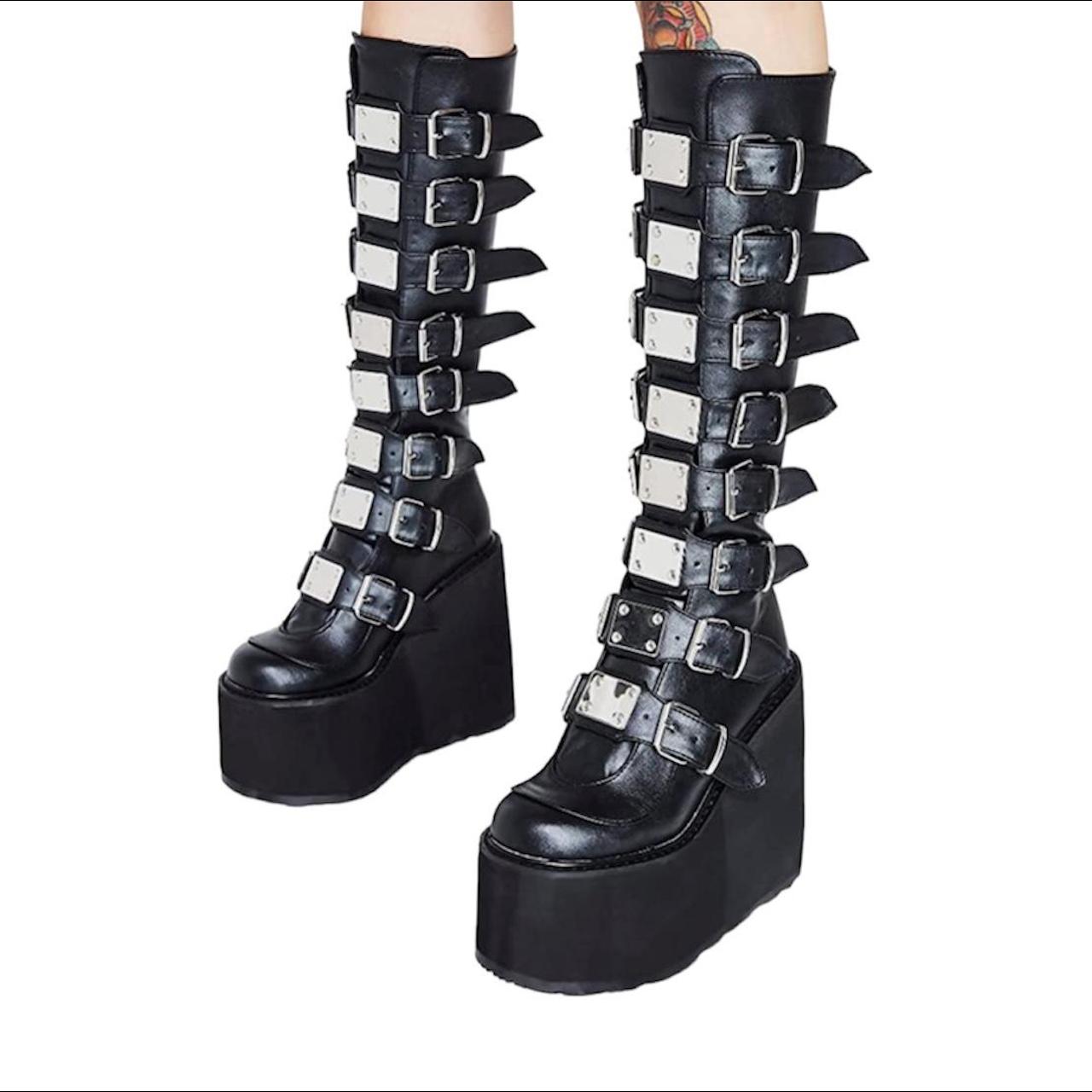Demonia Women's Black and Silver Boots | Depop