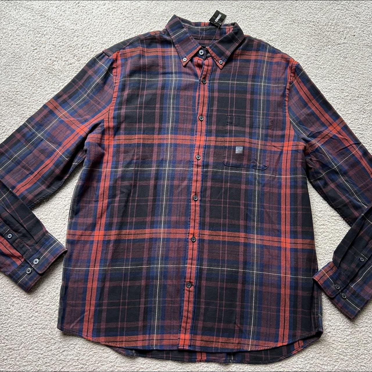 Express Men Button Up Shirt Dark Red Navy Plaid..., image size:1280x1280