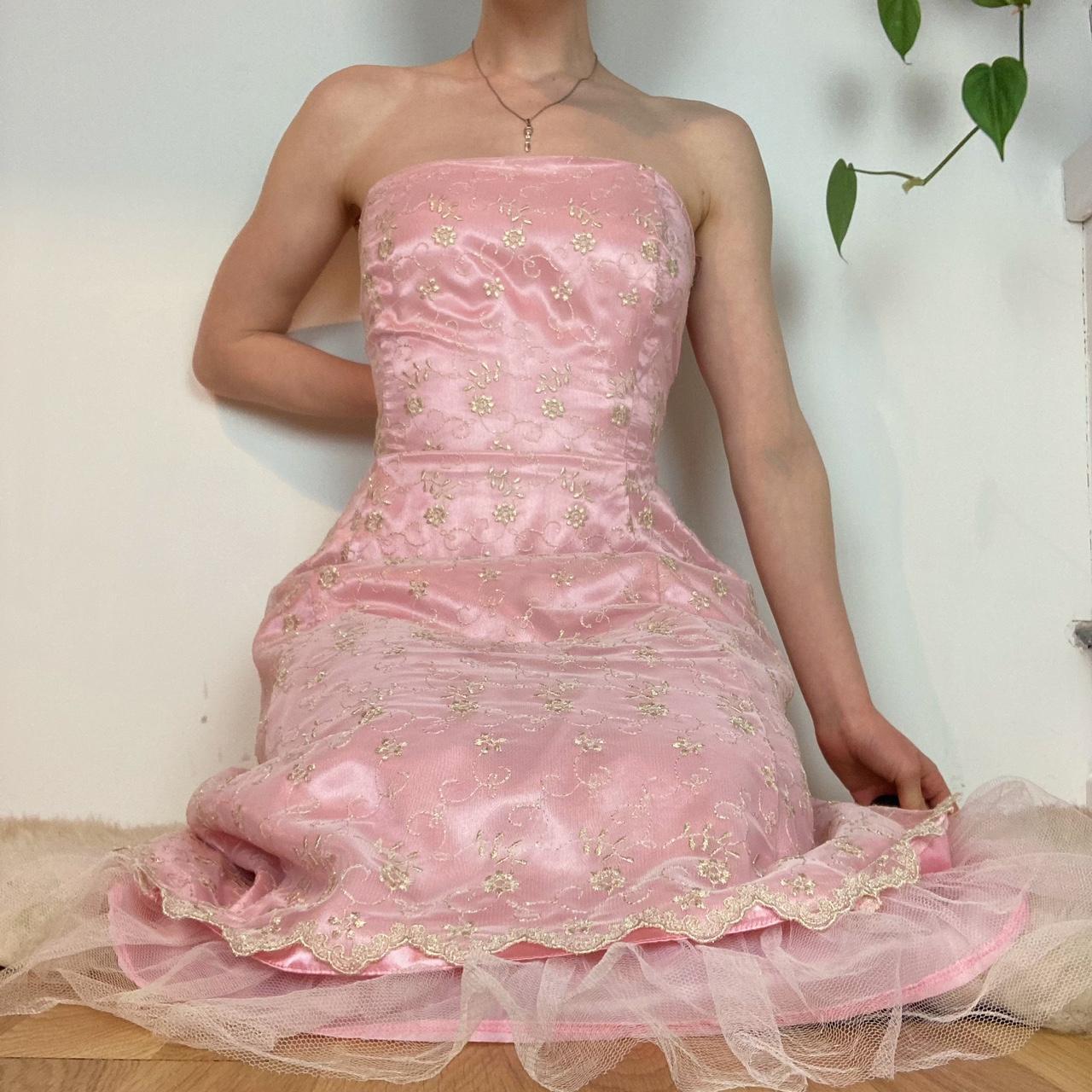 Baby Pink Y2K Occasion Strapless Satin Dress Prom/... - Depop