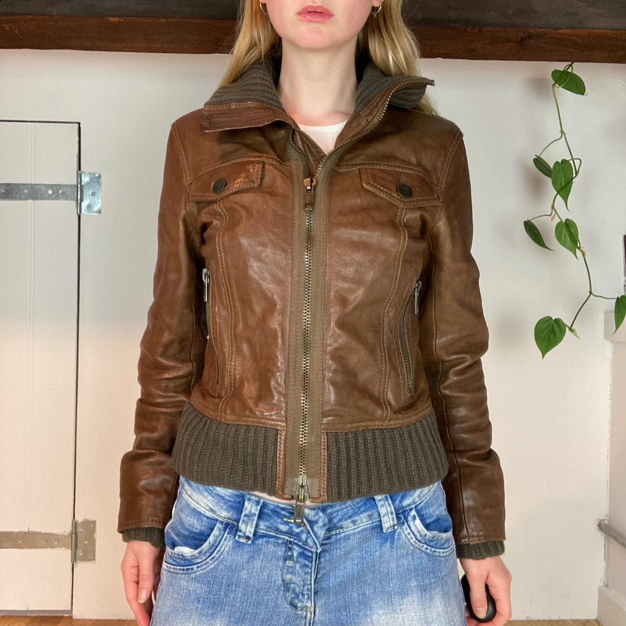 Vintage DKNY Jeans Brown Leather Bomber Jacket... - Depop