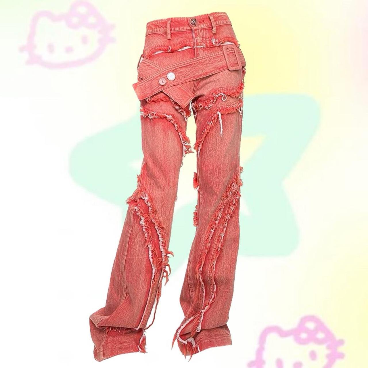 Y2K Distressed Red Jeans, High Waisted Jeans,... - Depop