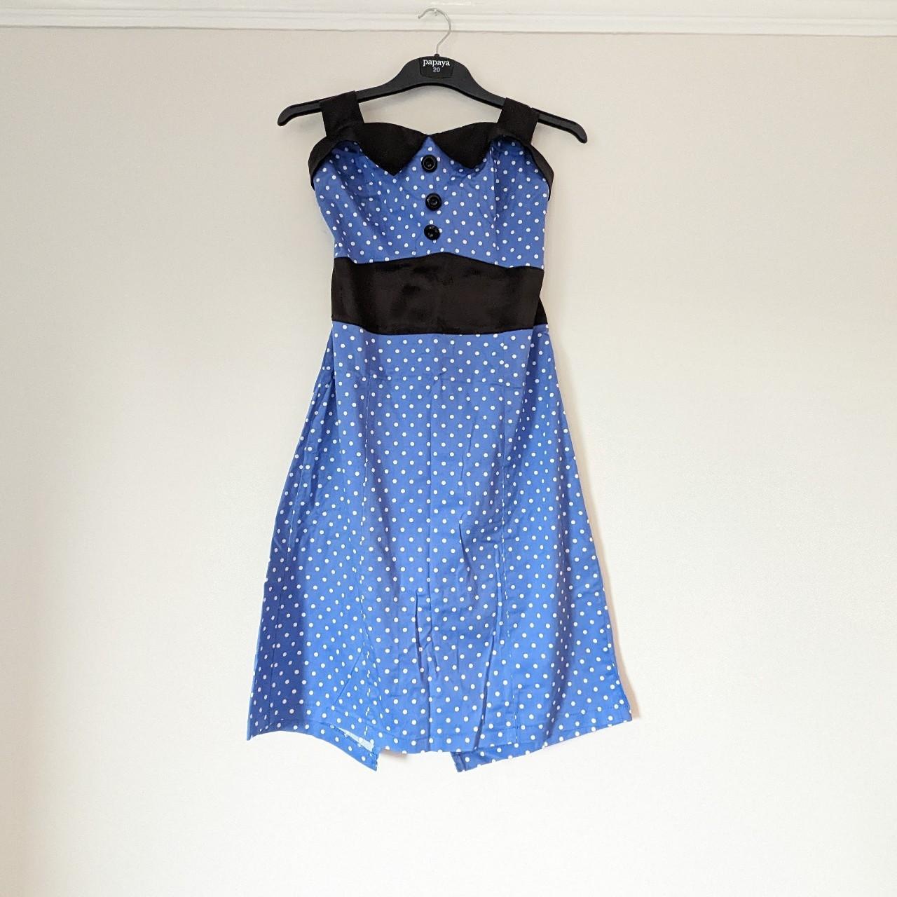 Blue and white polkadot halter neck dress with black... - Depop