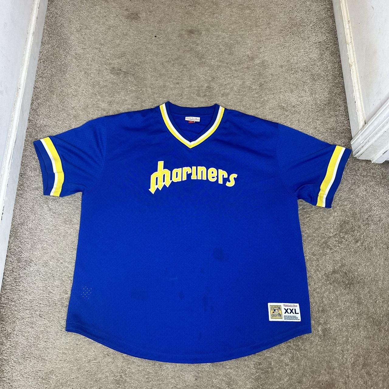 Men's Seattle Mariners Mitchell & Ness Royal Cooperstown Collection Mesh  Wordmark V-Neck Jersey