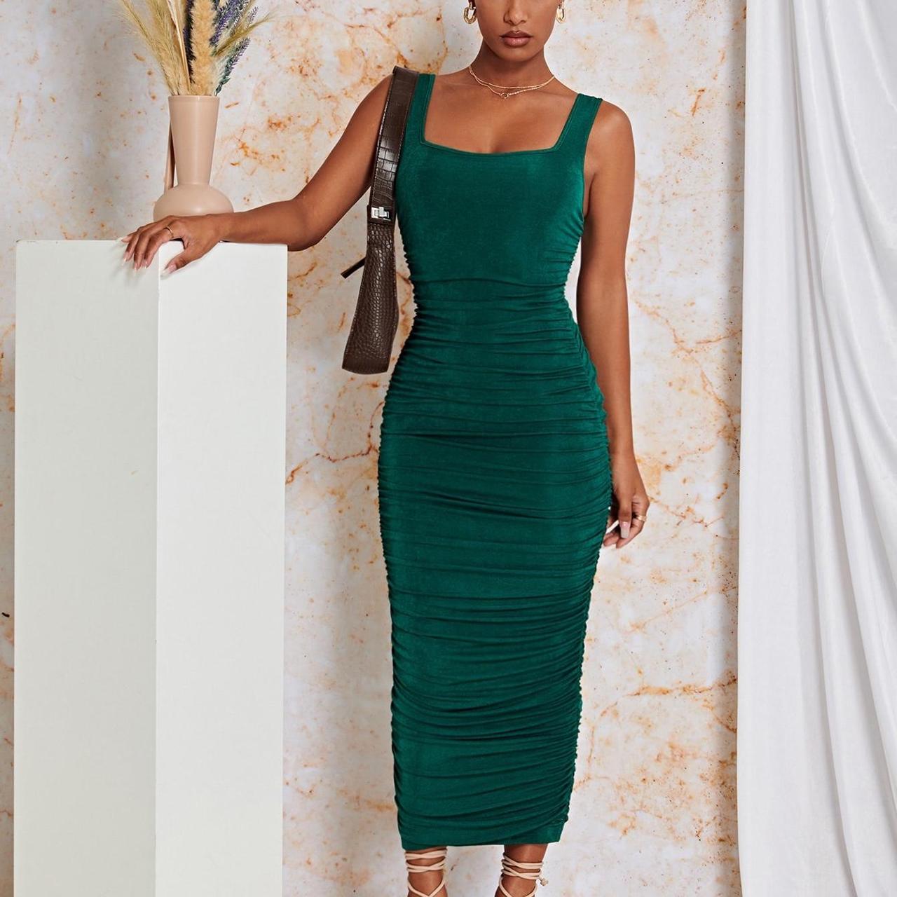 Green Runched Side Body On Dress From Shein<3,, Shein Green Dresses