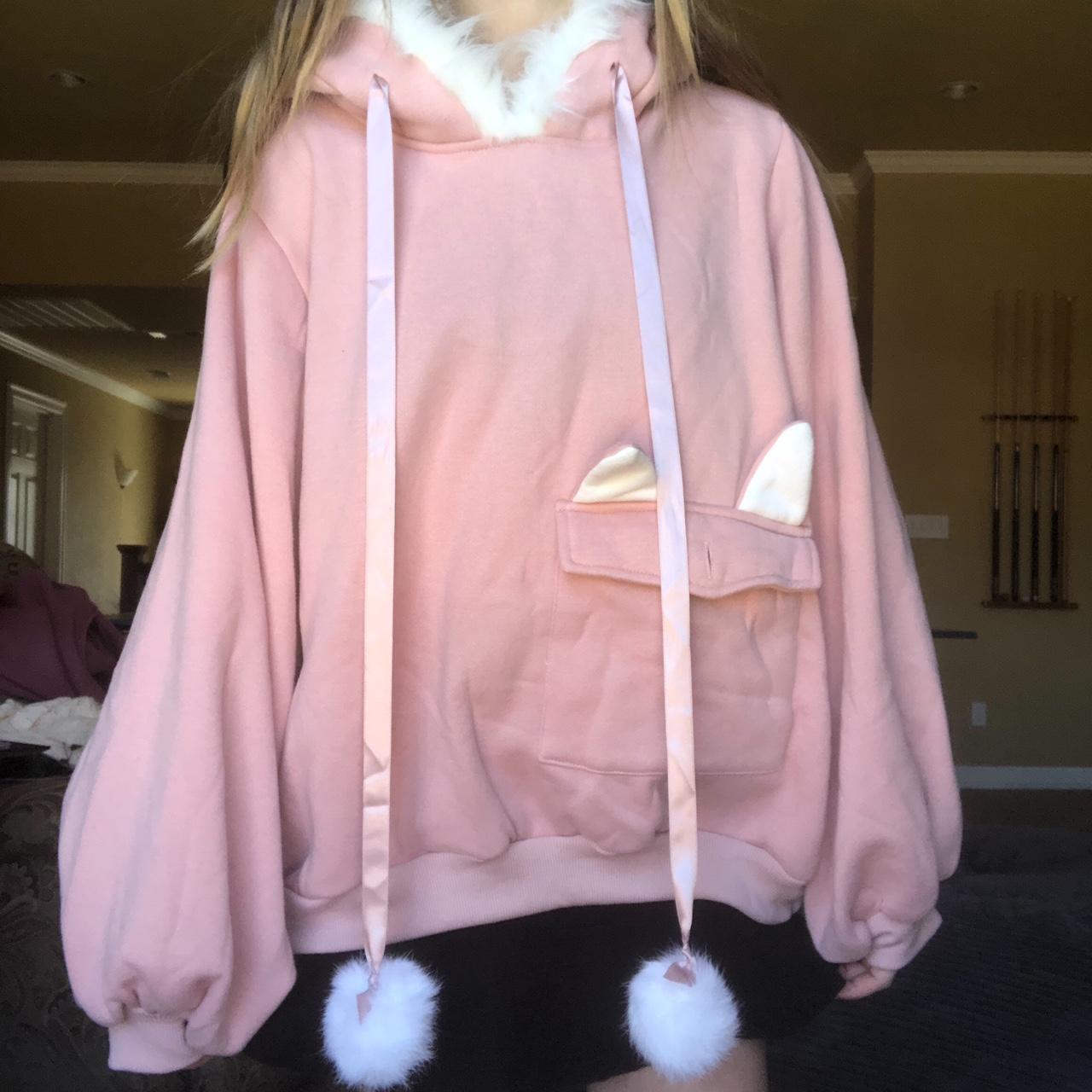 Fuzzy bunny pink kawaii winter hoodie Size... Depop
