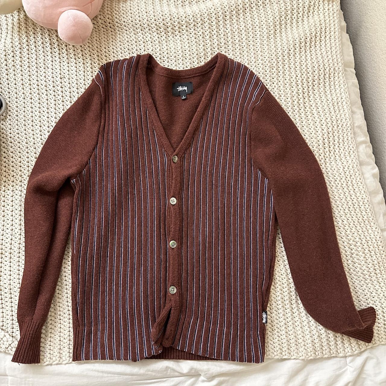 stussy striped cardigan burgundy - cute n sold out... - Depop