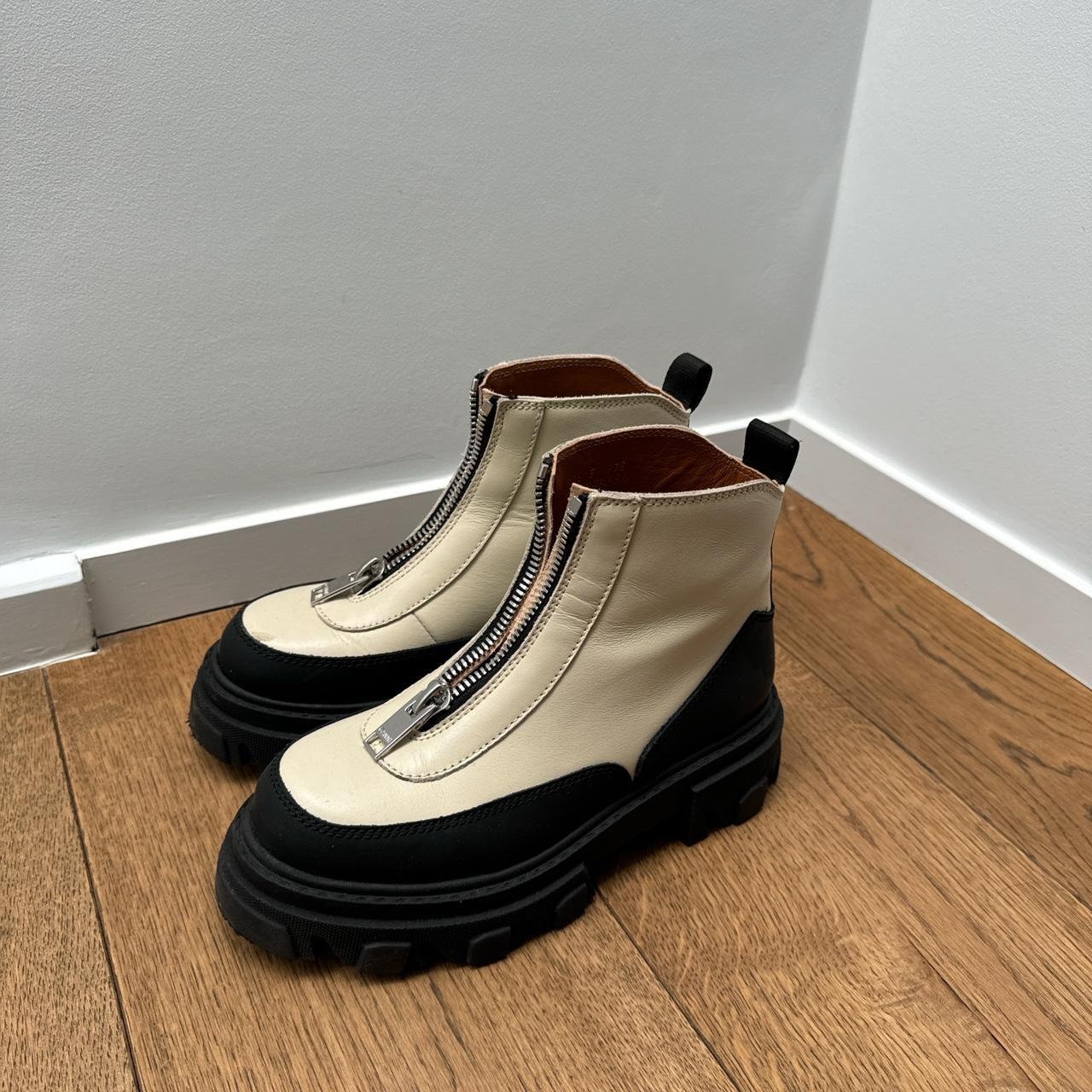 Ganni Polido Leather Ankle Boots with silver zip