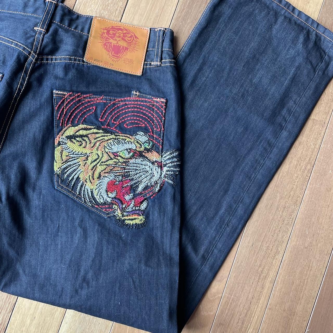 Ed Hardy Men's Blue and Red Jeans | Depop