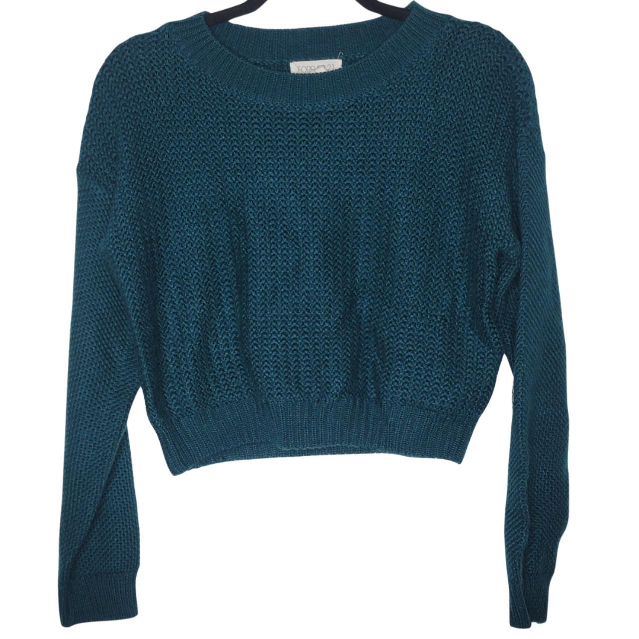 Forever 21 Dark Teal Blue Cropped Knit Sweater... - Depop