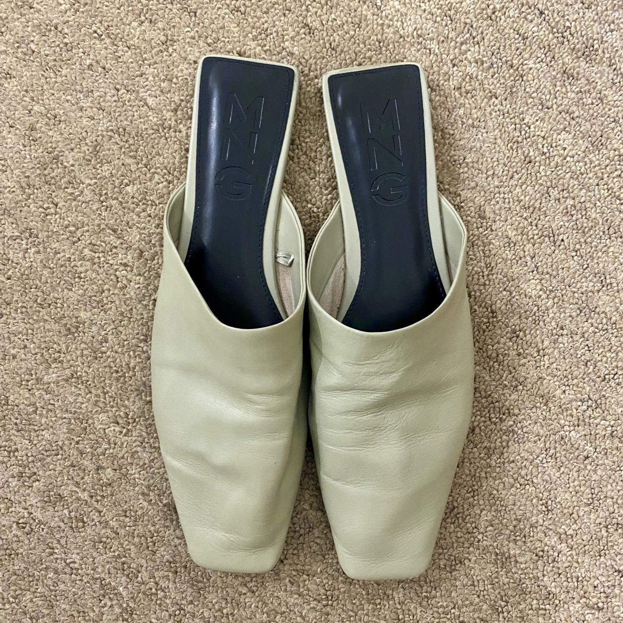 Mango Square Toed Sage Green Leather Mules. Worn... Depop