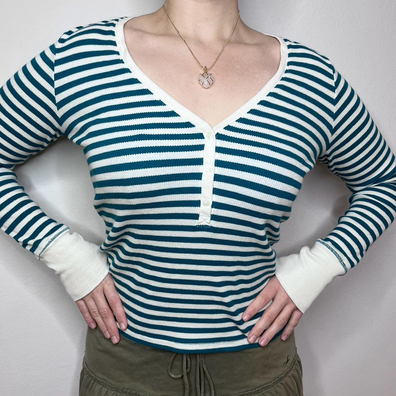 No Boundaries blue white striped v-neck short sleeve - Depop