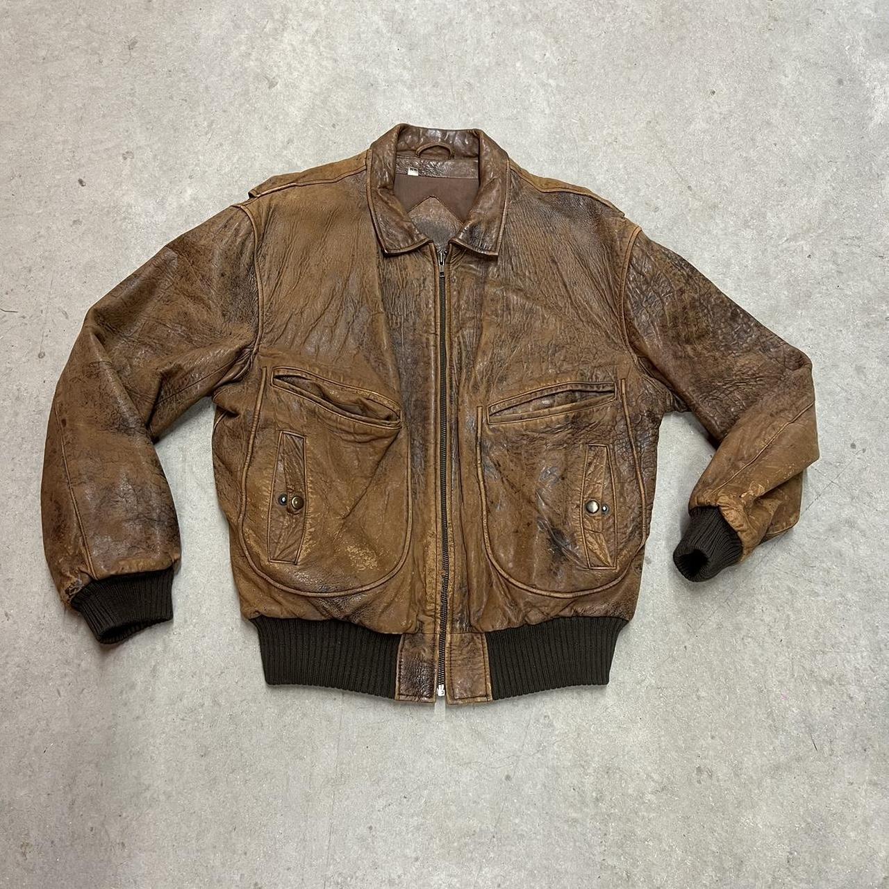 Vintage 90s Faded Brown Leather Aviation Bomber... - Depop