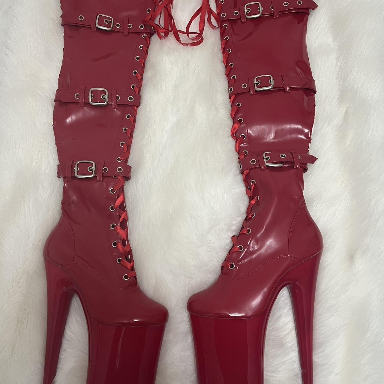 Red stretch patent pleaser beyond 10inch thigh high. Depop