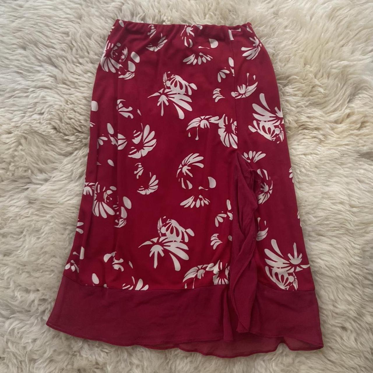 Red floral midi skirt Hawaiian style with slit in... - Depop