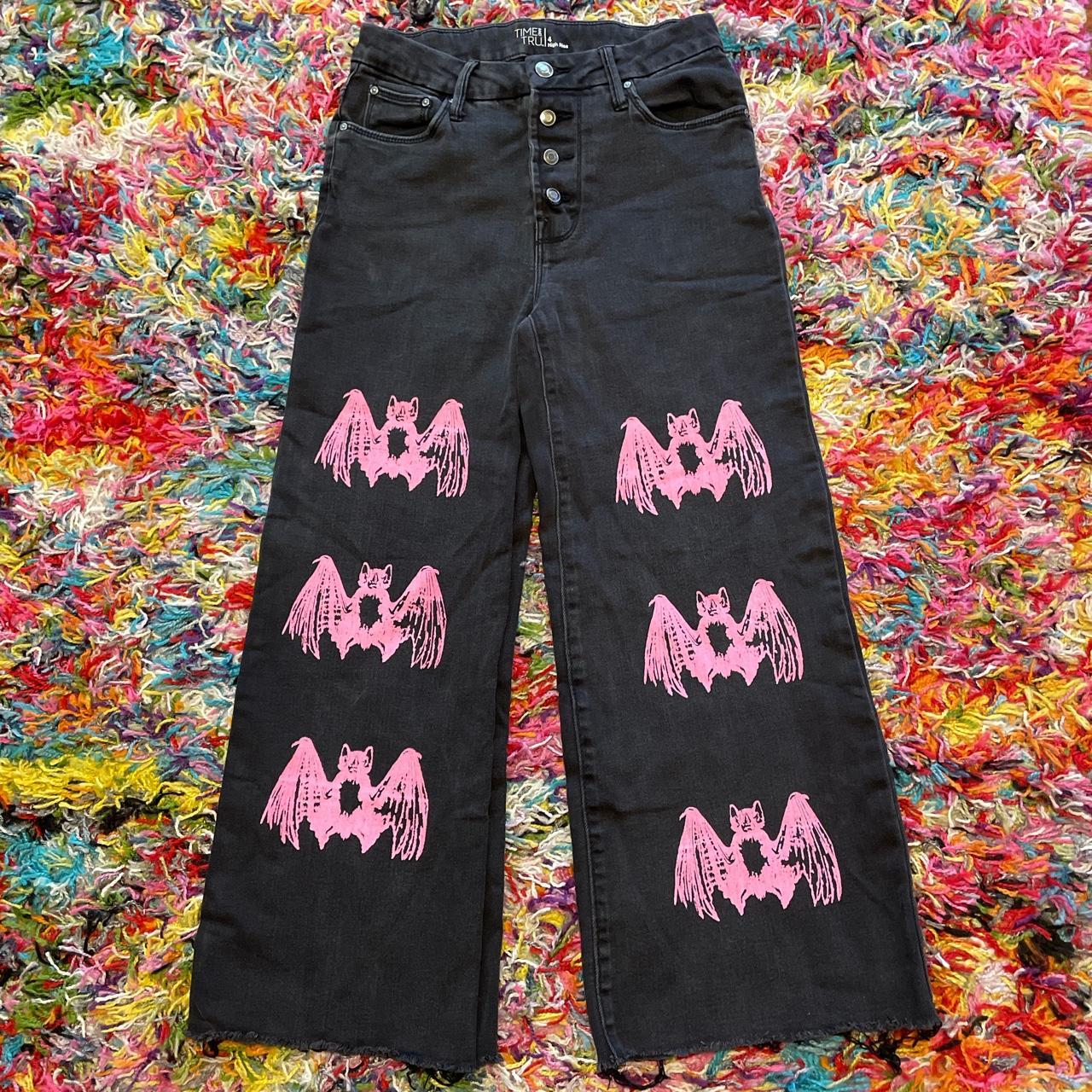 Pink bat screen printed jeans, Size 4 high rise jeans