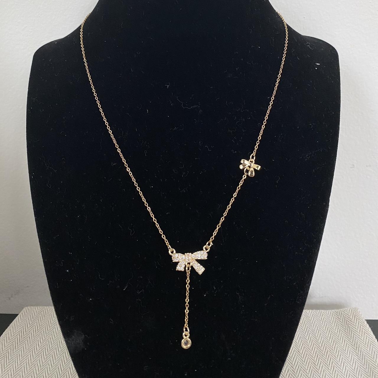 Gold Ribbon Necklace with Stones 12” to 16”... Depop