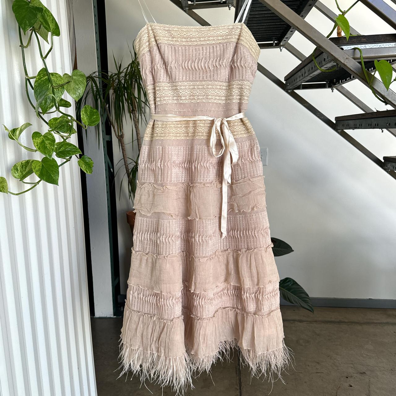 Cream and tan tiered dress with a beautiful. Depop