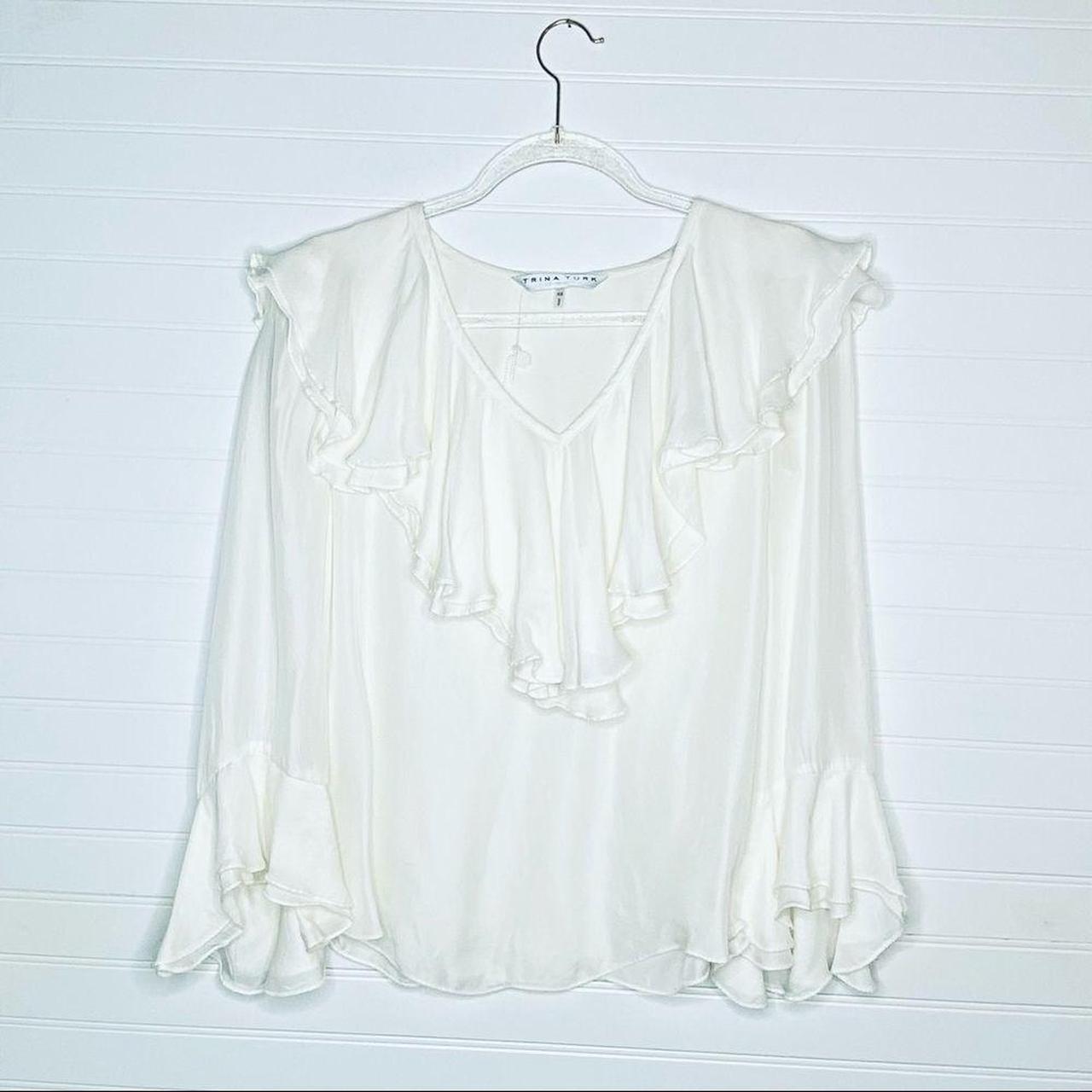 Trina Turk Silk Ruffle Sheer White Women’s Blouse,... - Depop