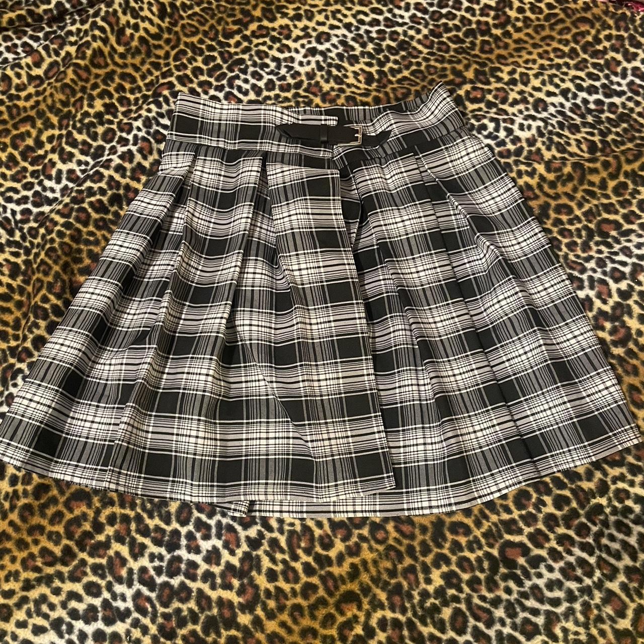 black and white plaid pleated skirt, completely... - Depop