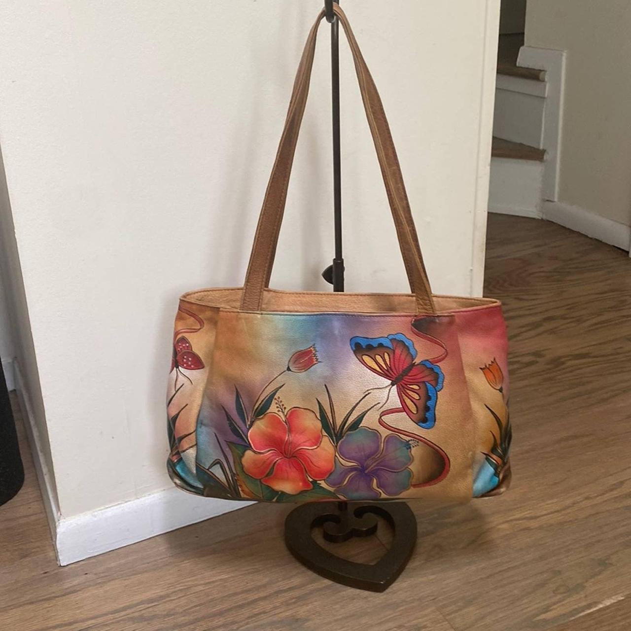 Anuschka Hand Painted Butterfly Floral Leather Tote Depop