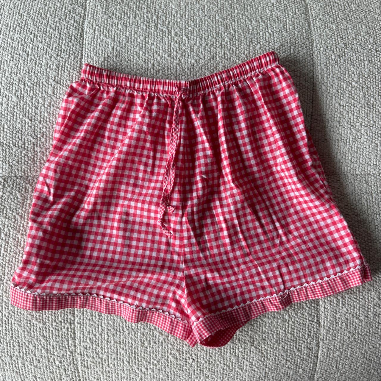 Red gingham linen short with high waisted tie up... - Depop