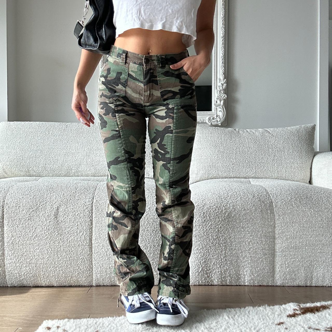 Camo cargo flares ruched tie up low rise y2k... - Depop